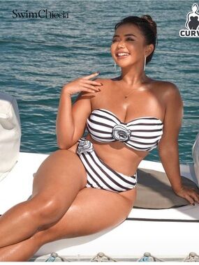 Black & White Striped Bandeau Bikini Set